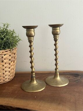 8”Pair 19th Century English Brass Barley Twist Spiral Taper Candlesticks